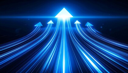 Abstract image of multiple upward arrows against a dark background.  Bright blue light streaks form a path