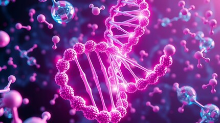 Obraz premium Vibrant DNA Strand Illustration with Molecular Structures and Pink Hue.