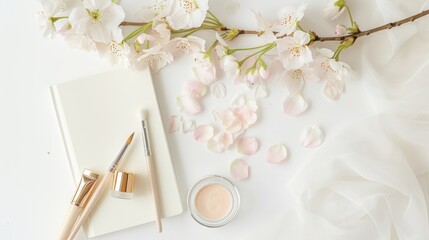 Elegant Cherry Blossom Branch with Skincare and Notebook on White Surface
