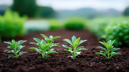 Close Up of Green Seedlings Growing in Dark Brown Soil with Blurry Green Field and Cloudy Sky Background