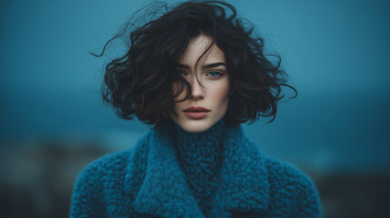 portrait of a model in oversized wool coat in muted blue palette, shot against cloudy seaside horizon 