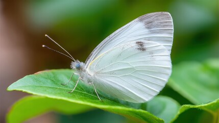 small white butterfly close up, perched on green leaf, subtle wing patterns, photorealistic macro style
