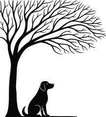 Black Silhouette of a Dog Sitting Under a Bare Tree Vector Illustration: Pet Animal Companion, Nature Solitude, and Loyalty Concept Graphic Design Icon.