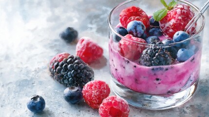 smoothie close up, watercolor painting style, vibrant berry tones, rustic glass cup, delicate soft washes