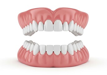 Full Denture Set with White Teeth and Pink Gums Isolated on White Background Detail