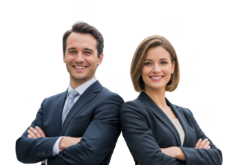 Confident business professionals standing back to back smiling isolated on transparent background