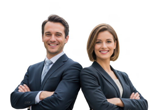 Confident business professionals standing back to back smiling isolated on transparent background