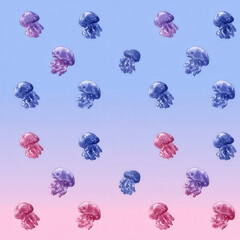 Tiny Blushing Jellyfish Seamless Pattern in Water Colorful Design
