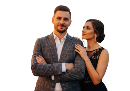 Elegant couple posing together with man s arms crossed isolated on transparent background