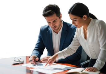 Two business professionals collaborating intently over documents on a table isolated on transparent background