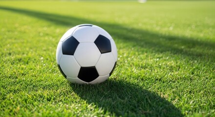 Fototapeta premium Soccer ball on a grassy field with a long shadow isolated on white background