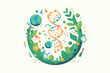 Colorful illustration depicts a harmonious blend of science and nature featuring DNA, planets, and lush greenery. This design conveys the interconnectedness of life and science.