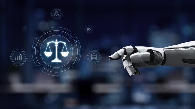 A robotic hand points at digital representations of scales of justice and technology icons, symbolizing the intersection of ethics, law, and innovation in today society. Synapse