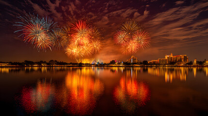 Stunning Cinematic Fireworks Display Over a Serene Lake at Night with Vibrant Reflection