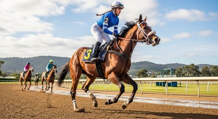 A horse and jockey racing on a dirt track with a cloudy sky in the background.