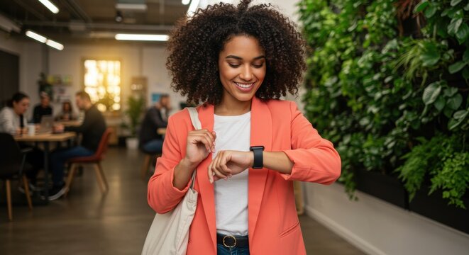 Busy professional checking smartwatch in modern office environment casual attire focused and motivated
