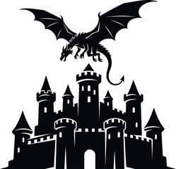 Mythological Dragon Silhouette Flying Above a Medieval Castle with Towers – Monochrome Vector Illustration for Fantasy, History, and Fairy Tale Themes.