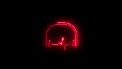 Animated neon headphone sign with sound wave icon on dark background.Glowing red neon audio headphones icon animation with dynamic audio visual effects. Animated sound wave visuals.4K