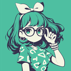 A girl with vibrant green hair and a bow smiles playfully while adjusting her glasses. She wears a trendy shirt with symbols on it, set against a teal background.