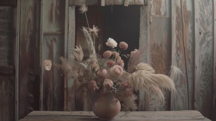 Elegant Dried Flower Arrangement in Rustic Brown Vase on Wooden Table in Vintage Wooden Background