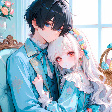 イースターを迎えるカップル。アルビノの少女と碧眼の青年の恋。日本の漫画風のAIイラスト