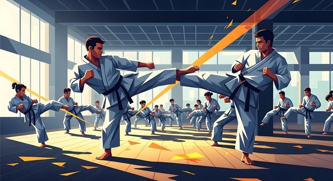 Karate Class in a Dojo, High Kick Training, Martial Arts Practice Session