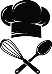Chef Hat Silhouette Above Crossed Whisk and Wooden Spoon – Minimalist Black and White Vector Illustration for Cooking, Culinary Arts, and Restaurant Themes.