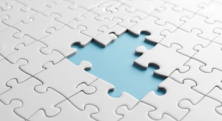 Fototapeta premium Incomplete White Jigsaw Puzzle on Blue, Missing Piece, Full Frame, Flat Lay CloseUp