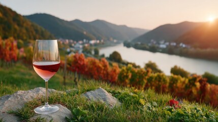 Wine Glass Filled with Rose Wine Overlooking Vineyard at Sunset with Hills in Background