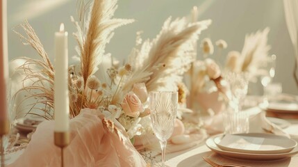 Elegant Floral Table Setting with Pale Pink Accents and Tall Candles for Wedding or Event Decor