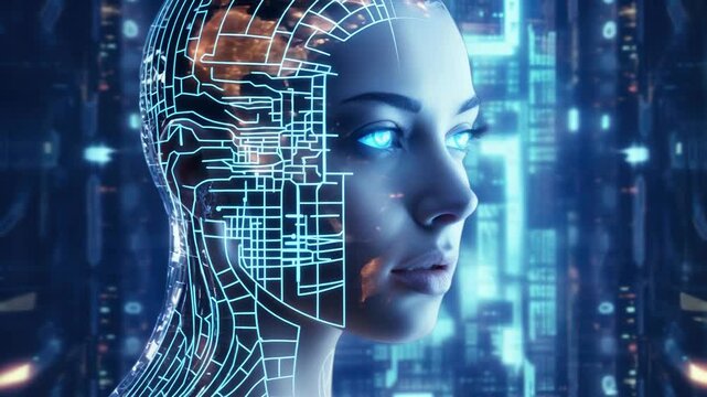 A futuristic female robot with a digital circuit pattern on her face. The background features a high-tech environment with glowing elements.