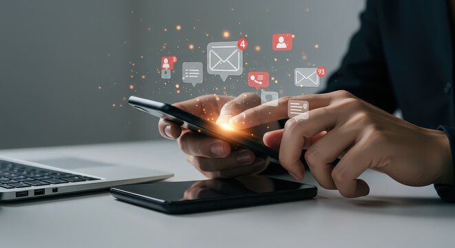 Close up of woman using smartphone with social media icons, concept of online communication