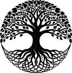 Stylized Tree of Life Symbol with Roots and Branches in a Circular Design – Intricate Black and White Vector Illustration for Nature and Spirituality.