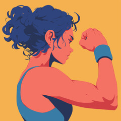 A confident woman shows her strength by flexing her arm. Her curly hair and focused gaze highlight a sense of empowerment and determination.