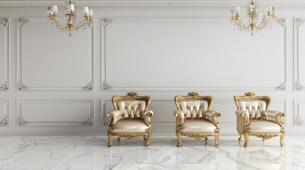 Elegant Gold and Cream Armchairs in Luxurious White Room with Chandeliers