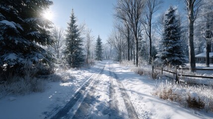 Obraz premium Winter Snow Covered Forest Road with Sunlight Glare Through Trees in Cinematic HDR Landscape