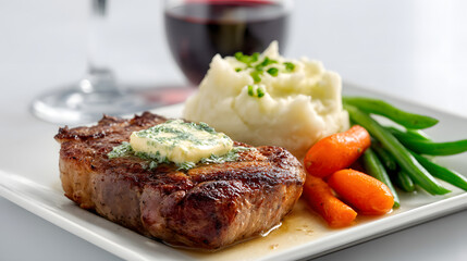 Elegant Plate of Grilled Steak with Butter, Mashed Potatoes and Fresh Vegetables for Western Dinner Setting