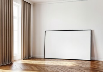Fototapeta premium horizontal Frame mockup, landscape paper size. Living room wall blank poster mockup. Interior mockup with house background. Modern interior design. 3D render 