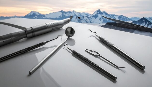 Dental tools—mirrors, explorer, tweezers—on white surface with soft lighting, evoking precision, hygiene, and the clinical choreography of care, reflection, and tactile expertise.