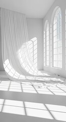 Obraz premium Modern Interior with Arched Windows, Flowing White Curtain and Shadows in Minimalist Style