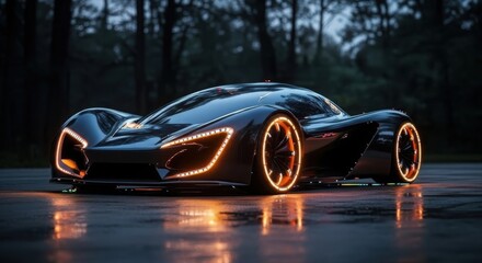 Futuristic black sports car with glowing orange wheels isolated on white background