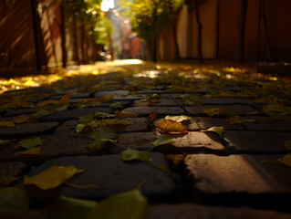 Close-up of Fallen Yellow Leaves on Cobblestone Alleyway