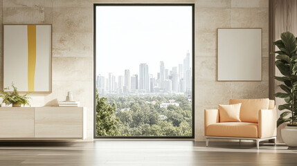 Fototapeta premium Modern living room interior with city skyline view showcasing large windows and minimalist decor
