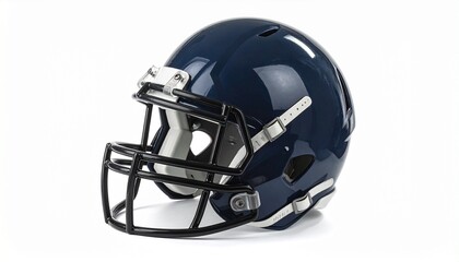 Dark blue American football helmet with black facemask and silver hardware—evoking impact, precision, and the protective choreography of sport, strength, and engineered resilience.