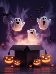 3D spooky Halloween box popping open with glowing pumpkins, flying bats, flying white Halloween ghost, and sparkling orange mist and dark purple mist, dark purple background