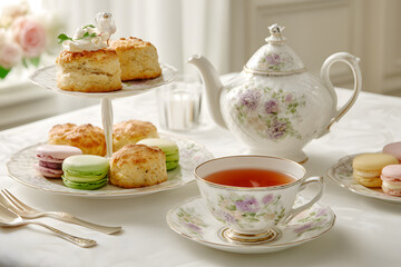 Fototapeta premium Elegant Afternoon Tea Setup with Scones and Macarons in a Luxurious Setting