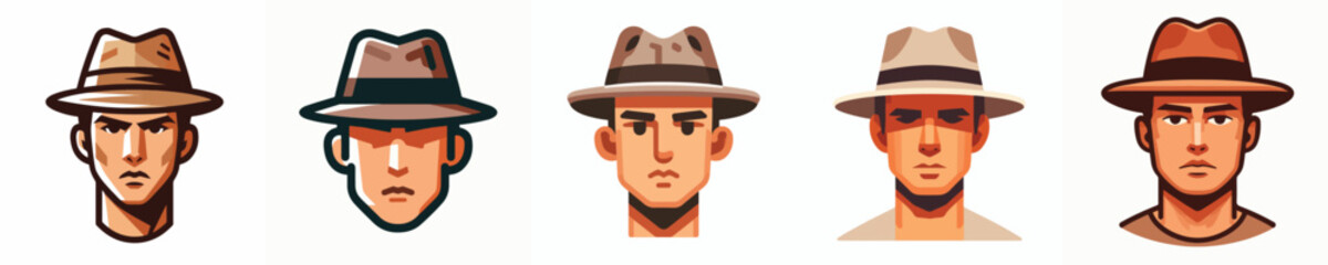 Avatar face of a short-haired man wearing a fedora hat, white skin, serious expression