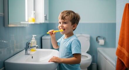 Child brushing teeth in bathroom home environment lifestyle content cheerful viewpoint for healthy habits
