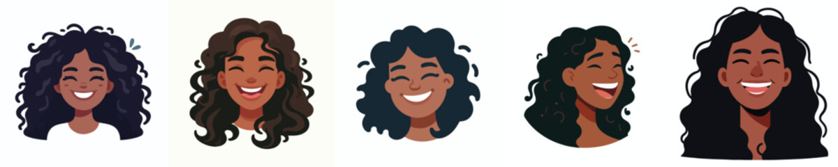 Female face avatar with long curly hair, dark skin, laughing expression