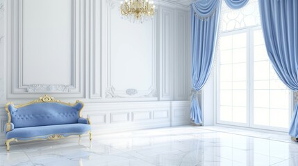 Elegant Light Blue Vintage Sofa in Luxurious White and Blue Room with Large Windows and Draped Curtains